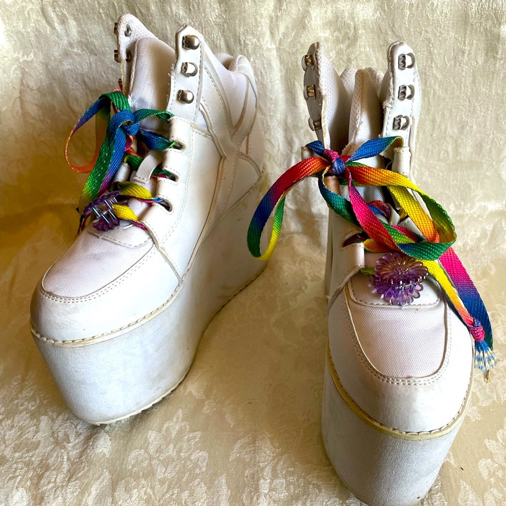 White Platform Sneakers with Rainbow Laces